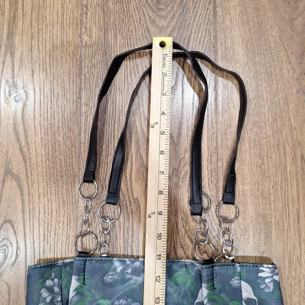 Fashion Purse Black Tote Bag with White Skulls and Green Floral Design